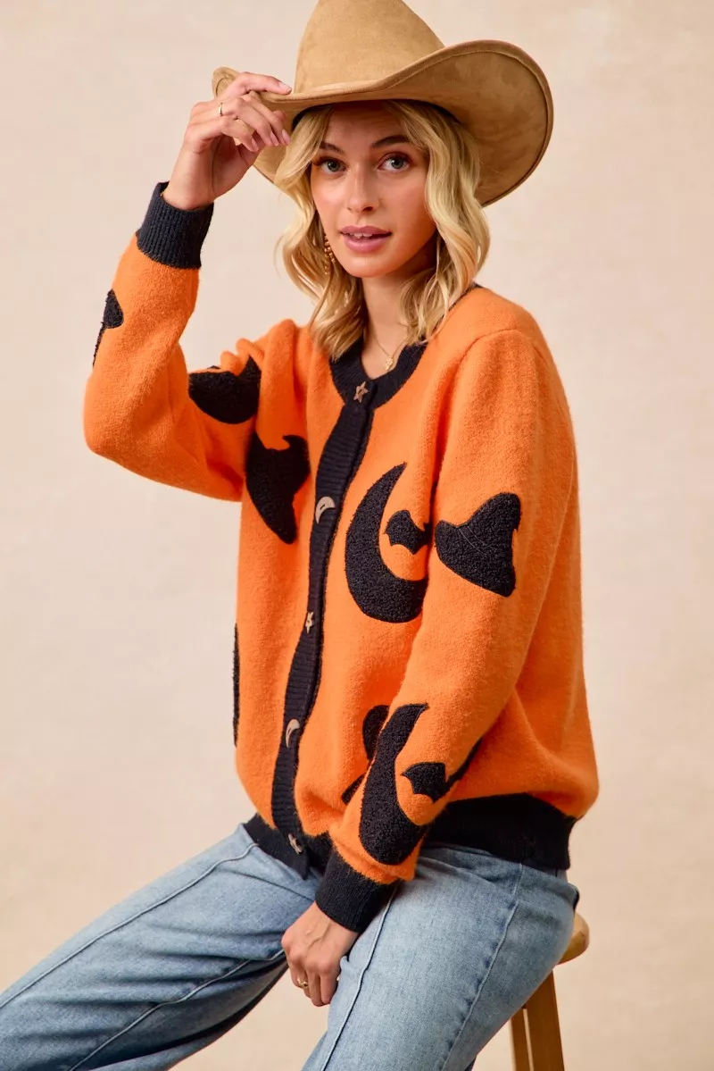 BiBi Halloween Witch Hat Moon Bat Artwork Cardigan - Image 15