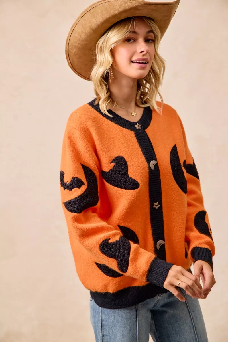 BiBi Halloween Witch Hat Moon Bat Artwork Cardigan - Image 16