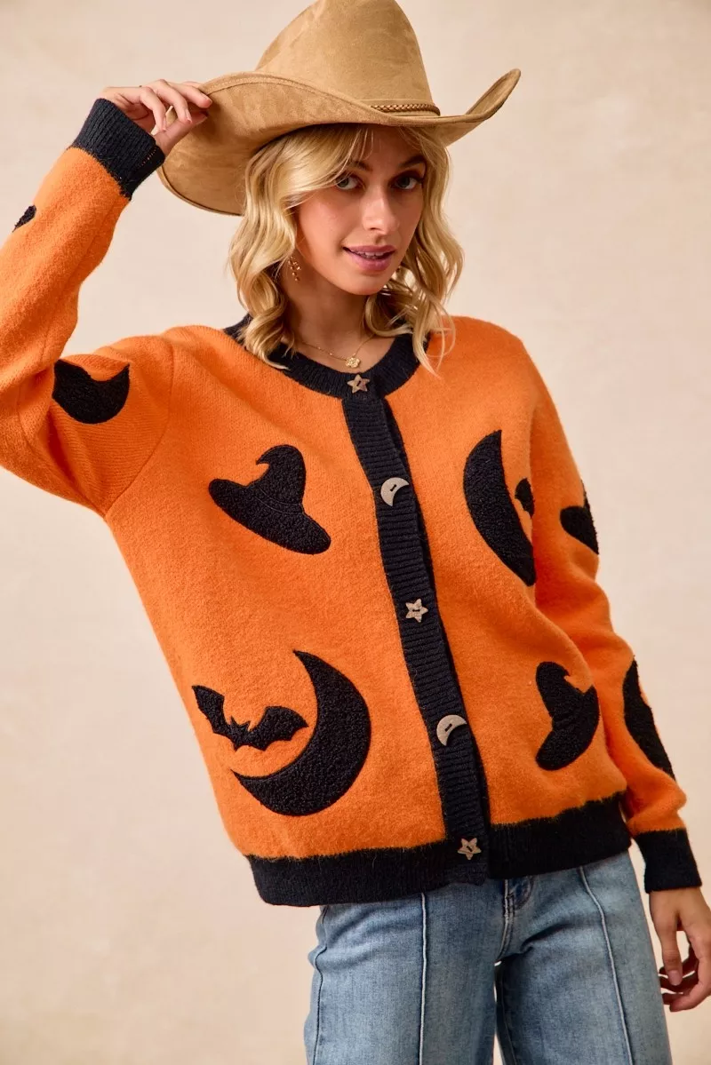 BiBi Halloween Witch Hat Moon Bat Artwork Cardigan - Image 17