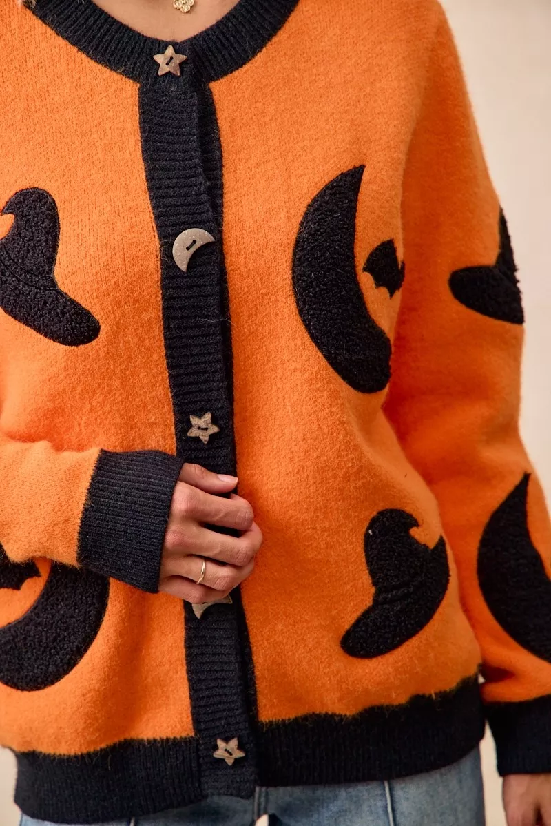 BiBi Halloween Witch Hat Moon Bat Artwork Cardigan - Image 19