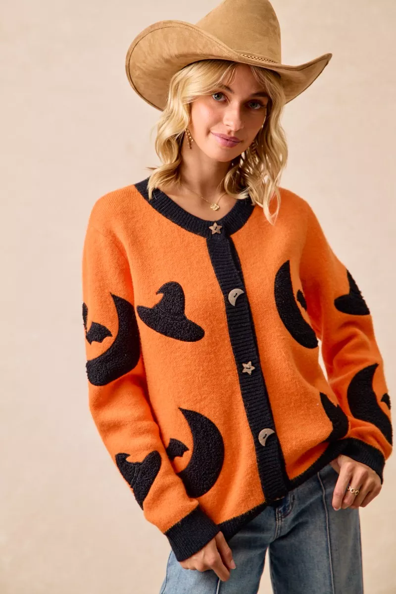 BiBi Halloween Witch Hat Moon Bat Artwork Cardigan - Image 3