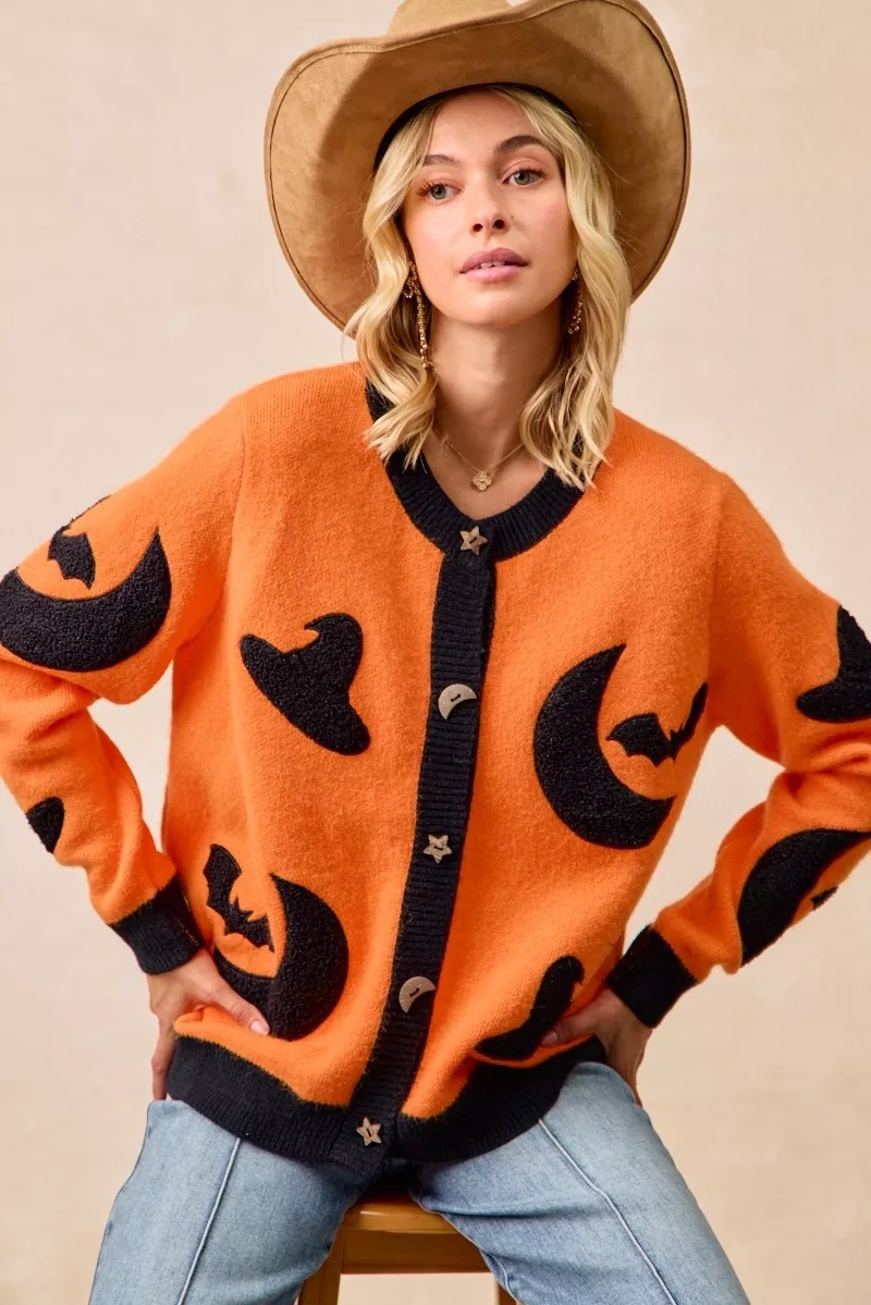 BiBi Halloween Witch Hat Moon Bat Artwork Cardigan - Image 4