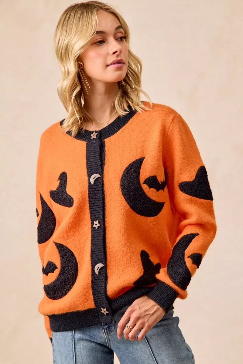 BiBi Halloween Witch Hat Moon Bat Artwork Cardigan - Image 5
