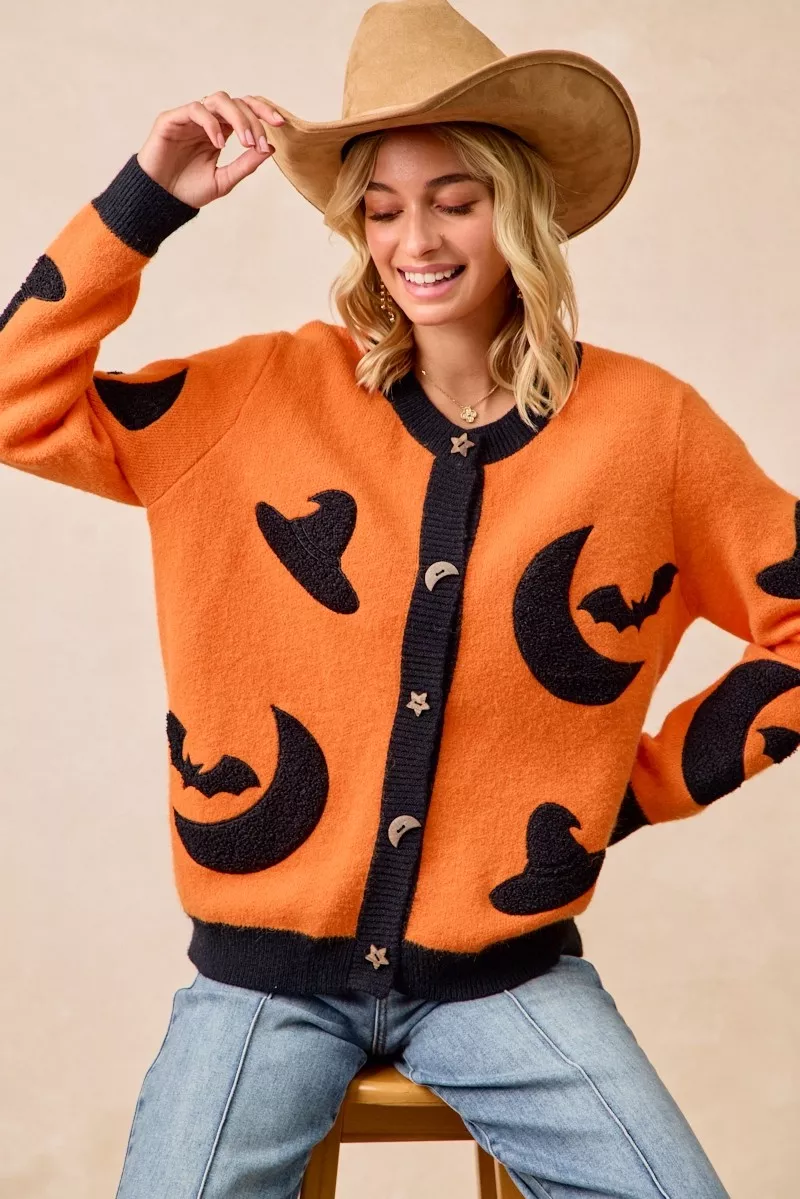 BiBi Halloween Witch Hat Moon Bat Artwork Cardigan - Image 6