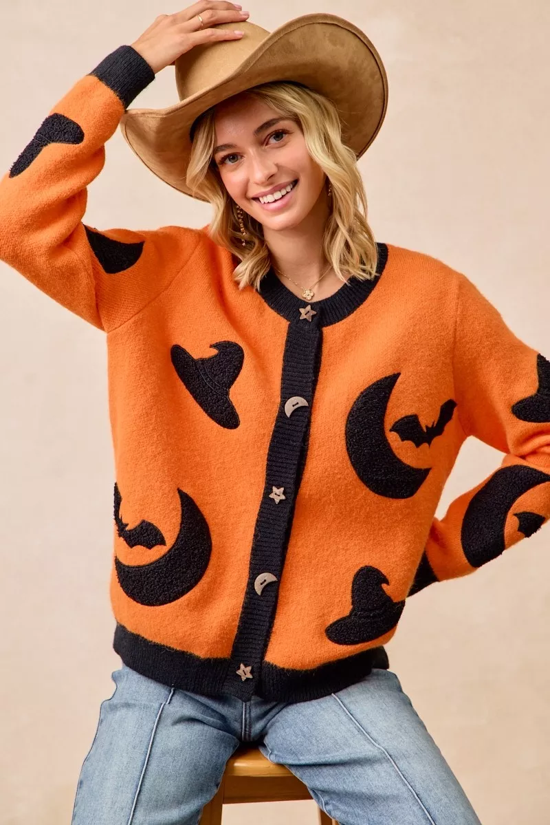 BiBi Halloween Witch Hat Moon Bat Artwork Cardigan - Image 7