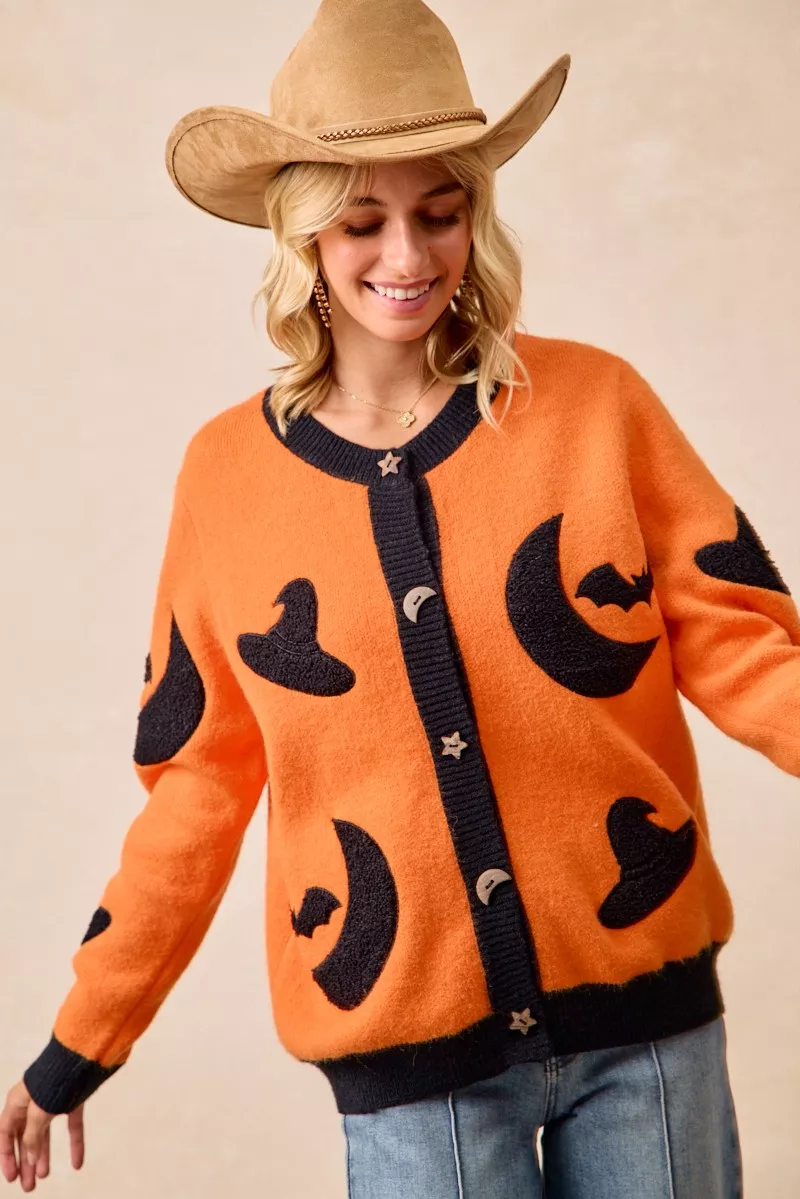 BiBi Halloween Witch Hat Moon Bat Artwork Cardigan - Image 9