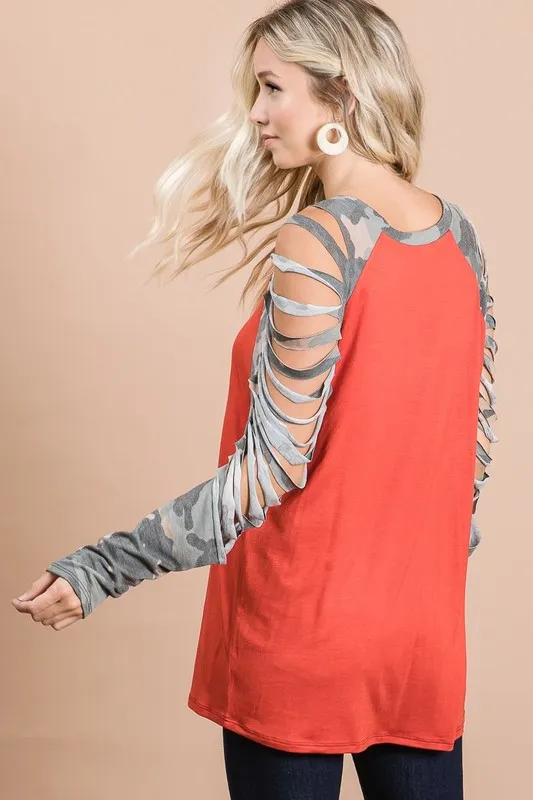 BiBi Jersey Knit Top with Camouflage Laser Cut Sleeves - Image 3