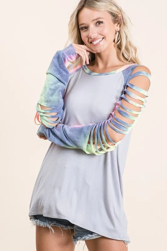 BiBi Jersey Knit Top with Tie Dye Laser Cut Sleeves