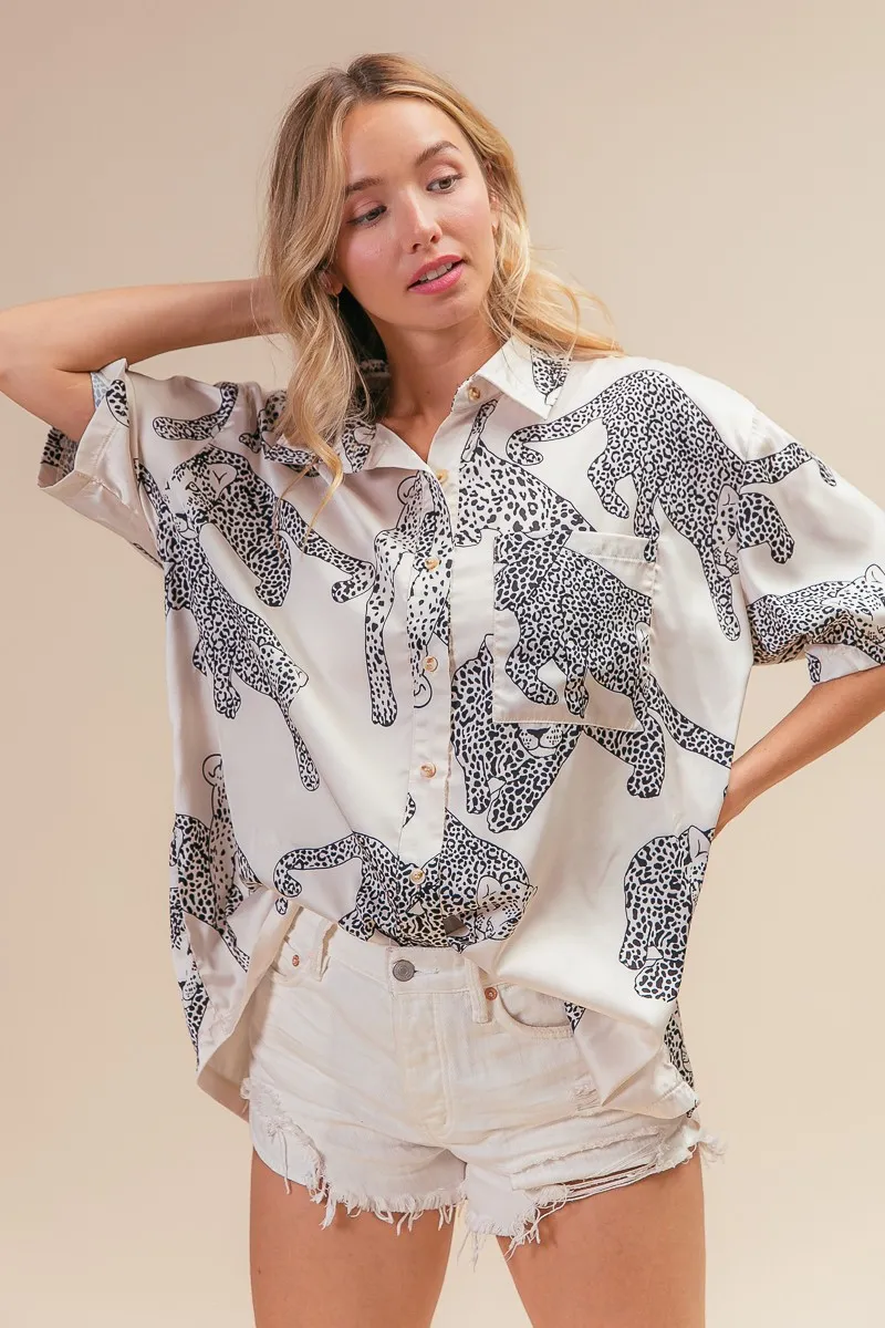 BiBi Leopard Print Short Sleeve Silky Satin Shirt Top - Image 2