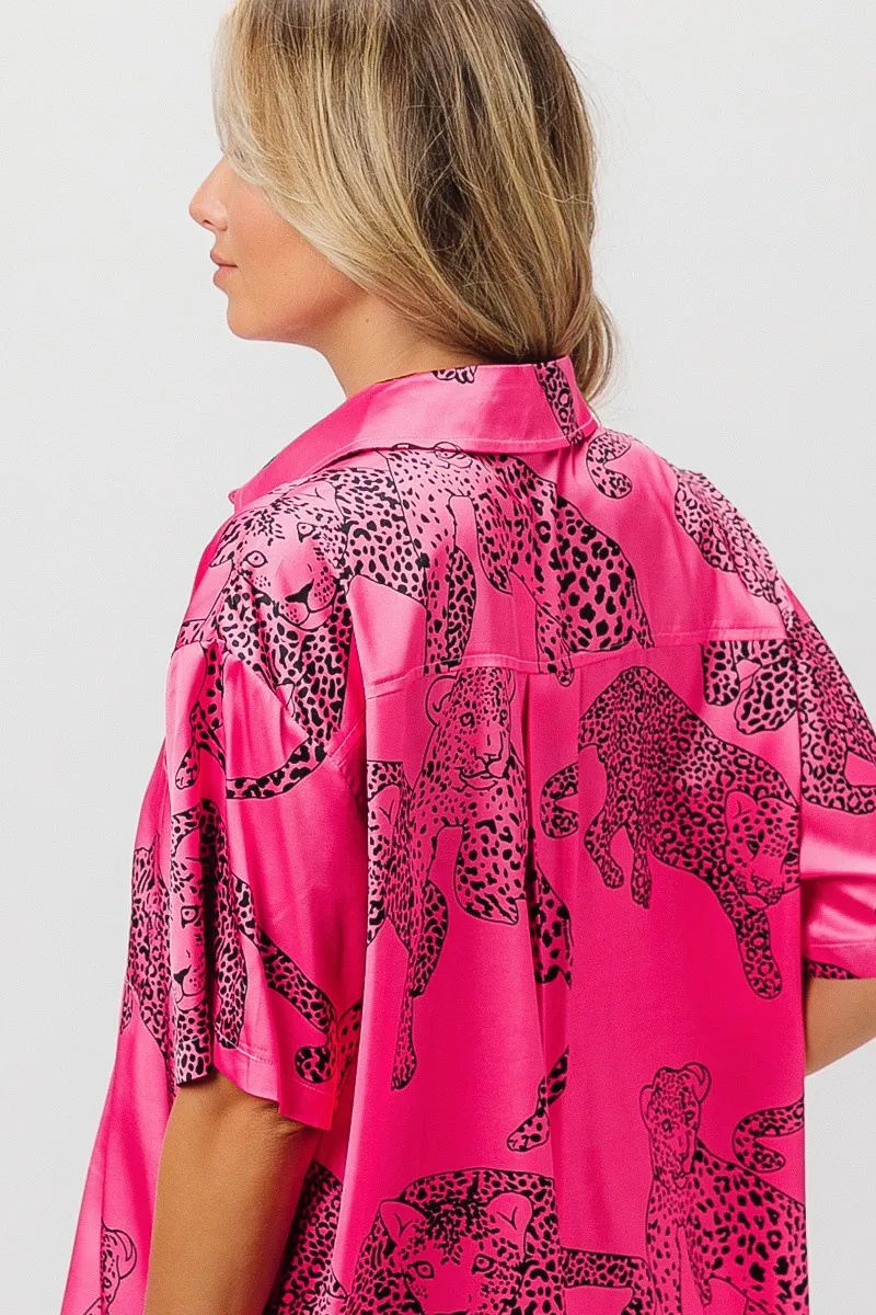 BiBi Leopard Print Short Sleeve Silky Satin Shirt Top - Image 10