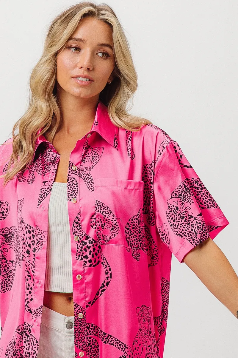 BiBi Leopard Print Short Sleeve Silky Satin Shirt Top - Image 5