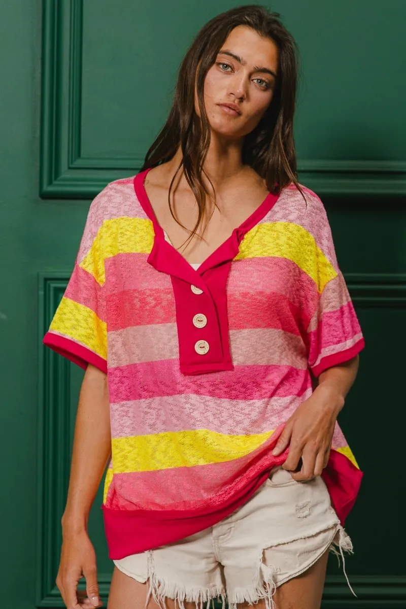BiBi Multi Color Stripe Hacci Button Detail Ringer Top - Image 7
