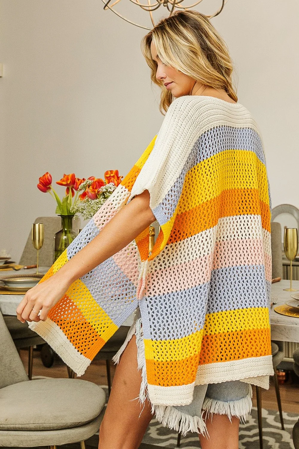 BiBi Openwork Striped Open Front Knit Cardigan - Image 2