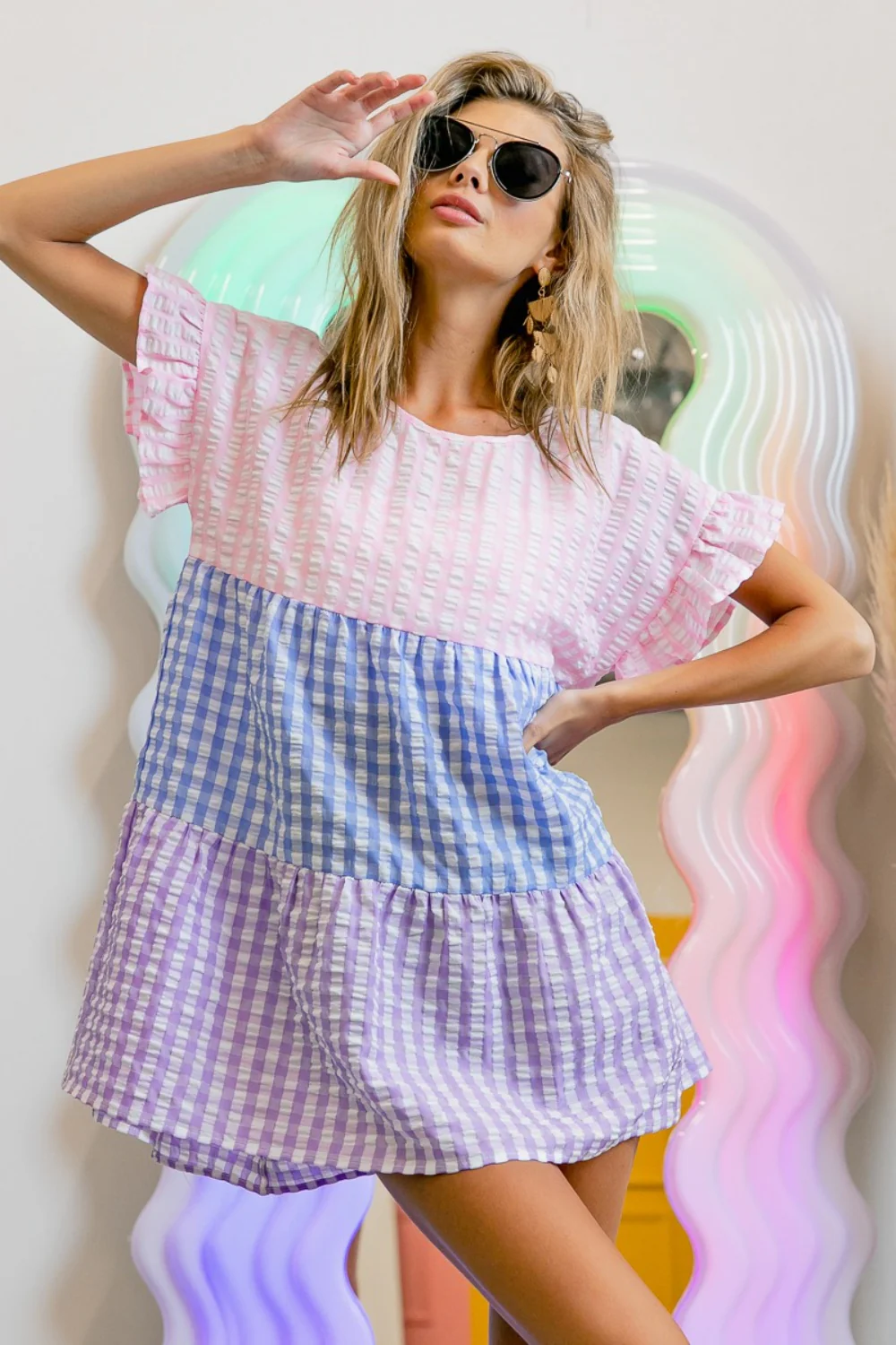 BiBi Plaid Color Block Tiered Top - Image 2