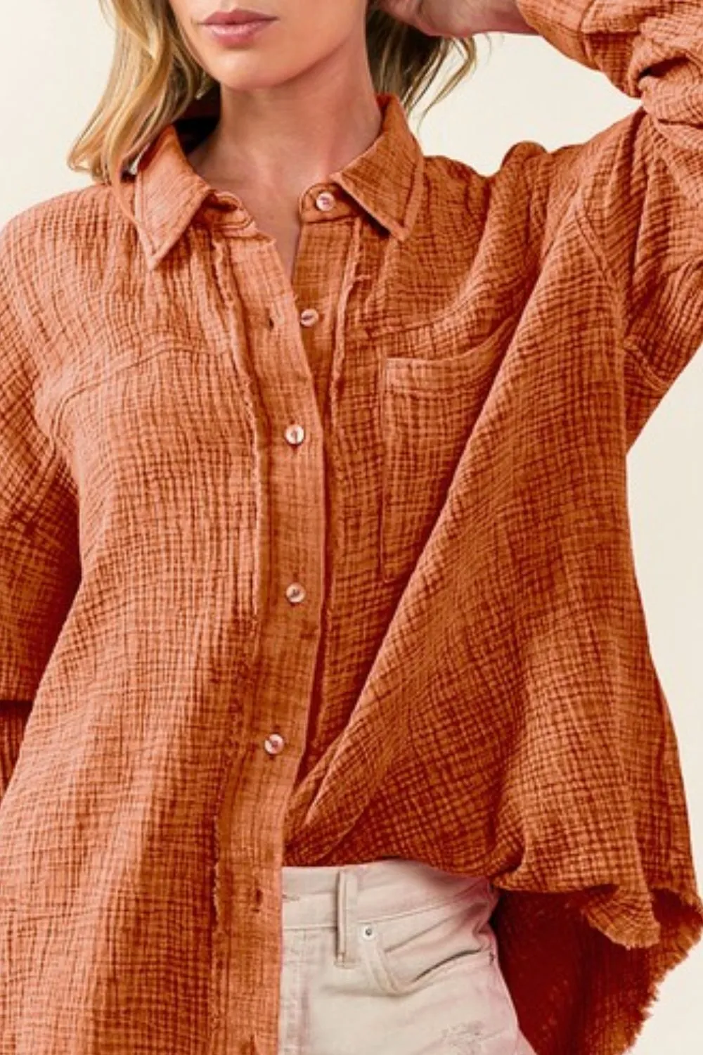 BiBi Raw Edge Detailed Mineral Washed Loose Fit Shirt - Image 2