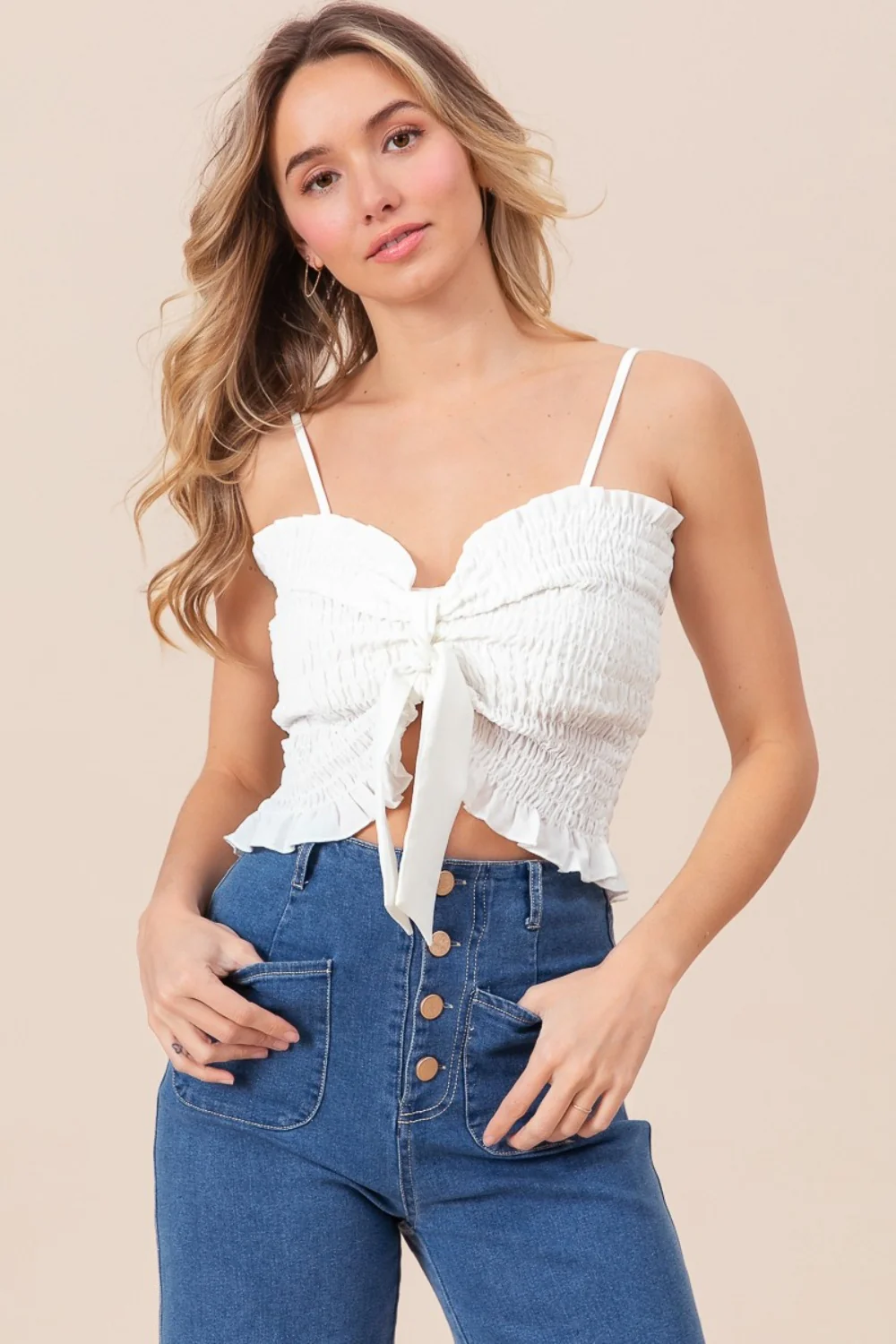BiBi Ruffled Smocked Ribbon Detail Cami - Image 3