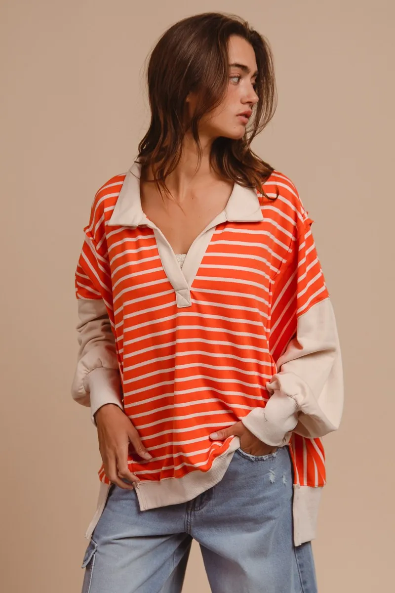 BiBi Stripe Knit Loose Fit Top With Cut Edge Detail - Image 2