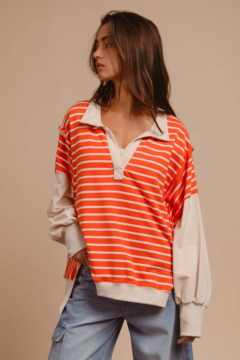 BiBi Stripe Knit Loose Fit Top With Cut Edge Detail - Image 3