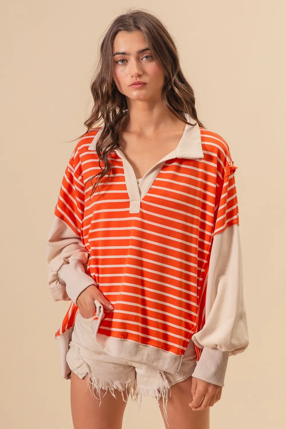 BiBi Stripe Knit Loose Fit Top With Cut Edge Detail - Image 4