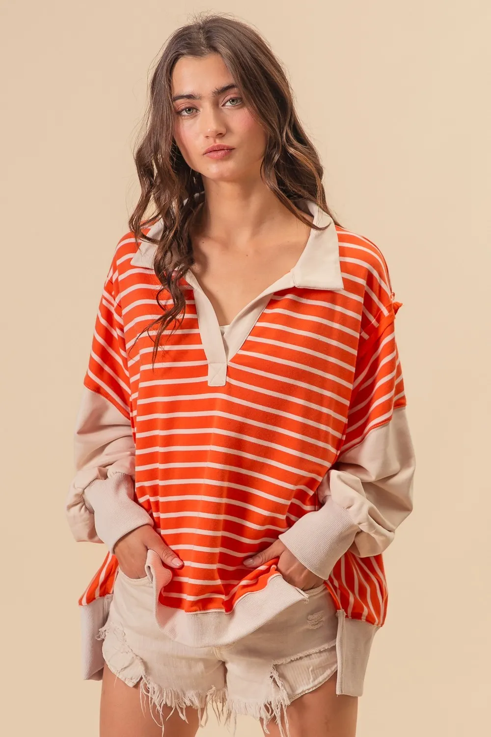 BiBi Stripe Knit Loose Fit Top With Cut Edge Detail - Image 7