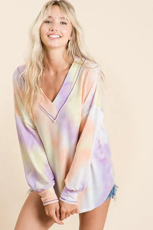 BiBi Tie Dye French Terry V-Neck Top with Puff Sleeves - Image 2