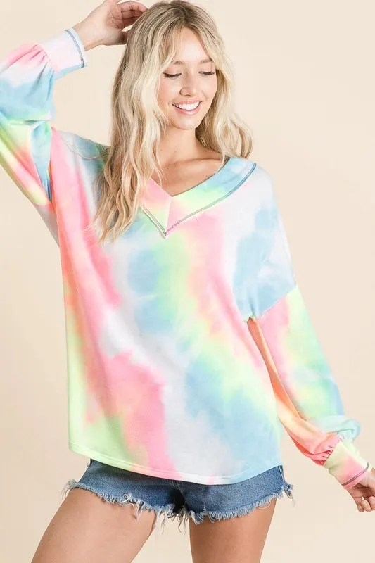 BiBi Tie Dye French Terry V-Neck Top with Puff Sleeves - Image 8