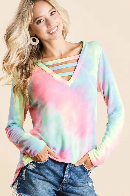 BiBi Tie Dye French Terry V-Neck Top with Strapped - Image 4