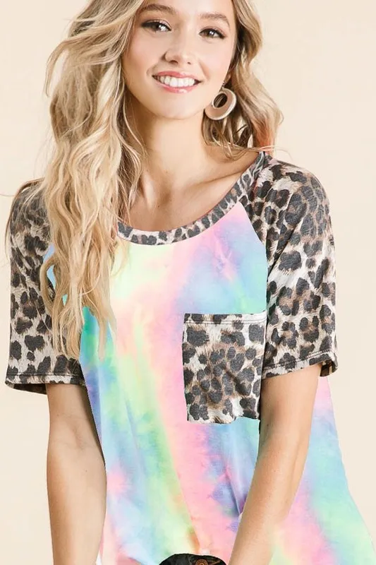 BiBi Tie Dye Knit Top with Leopard Raglan Sleeves - Image 3