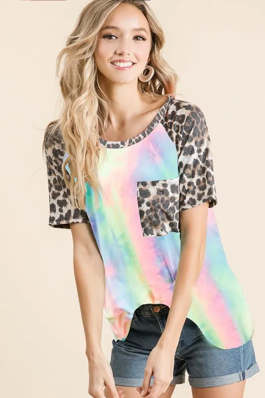 BiBi Tie Dye Knit Top with Leopard Raglan Sleeves - Image 4