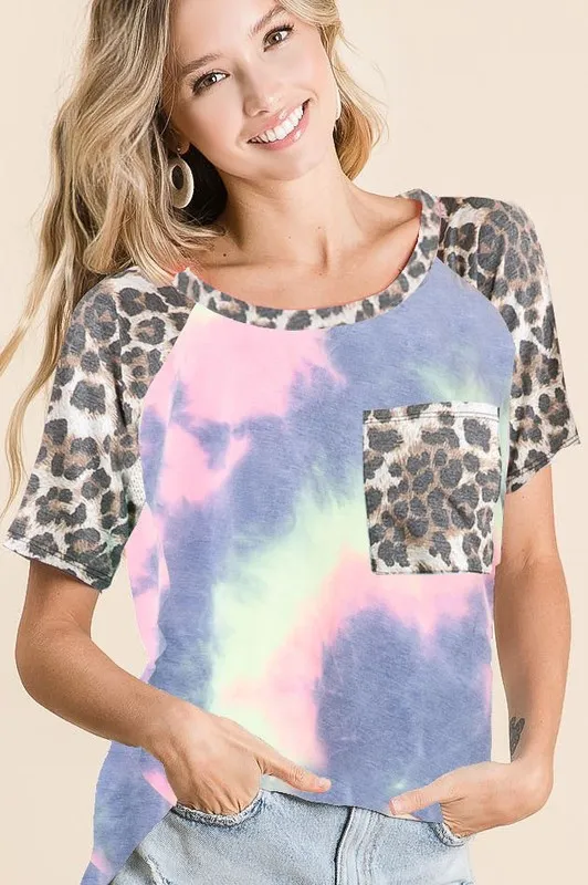 BiBi Tie Dye Knit Top with Leopard Raglan Sleeves - Image 4
