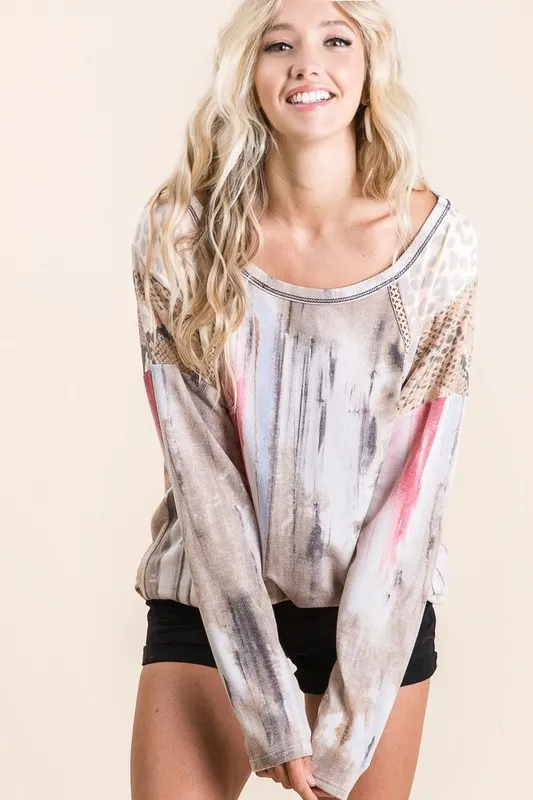 BiBi Tie Dye Knit Top with Print Block Shoulder - Image 2