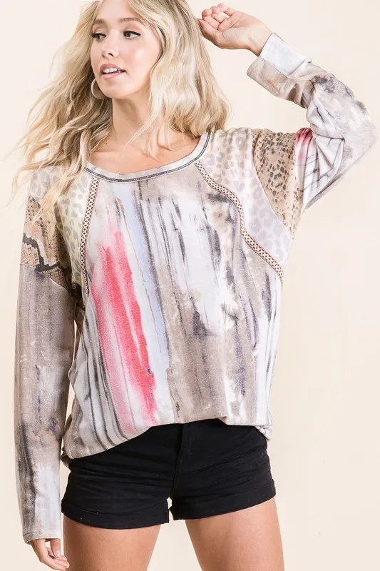 BiBi Tie Dye Knit Top with Print Block Shoulder - Image 5