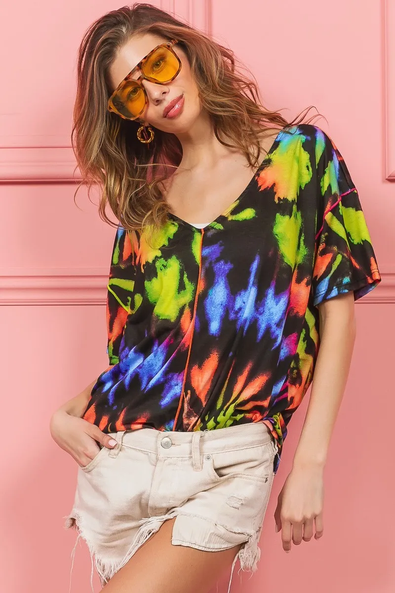 BiBi Tie Dye Print Jersey Stitched V Neck Top - Image 3