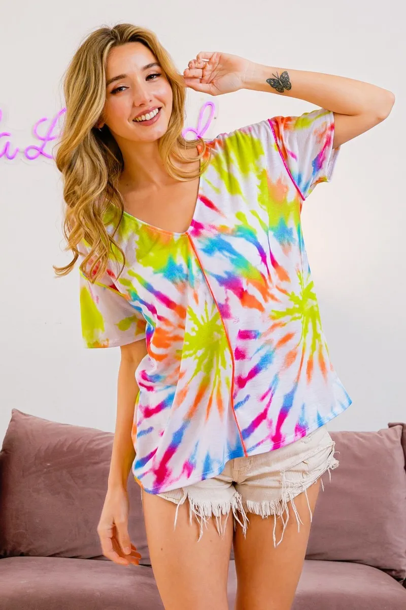 BiBi Tie Dye Print Jersey Stitched V Neck Top - Image 3