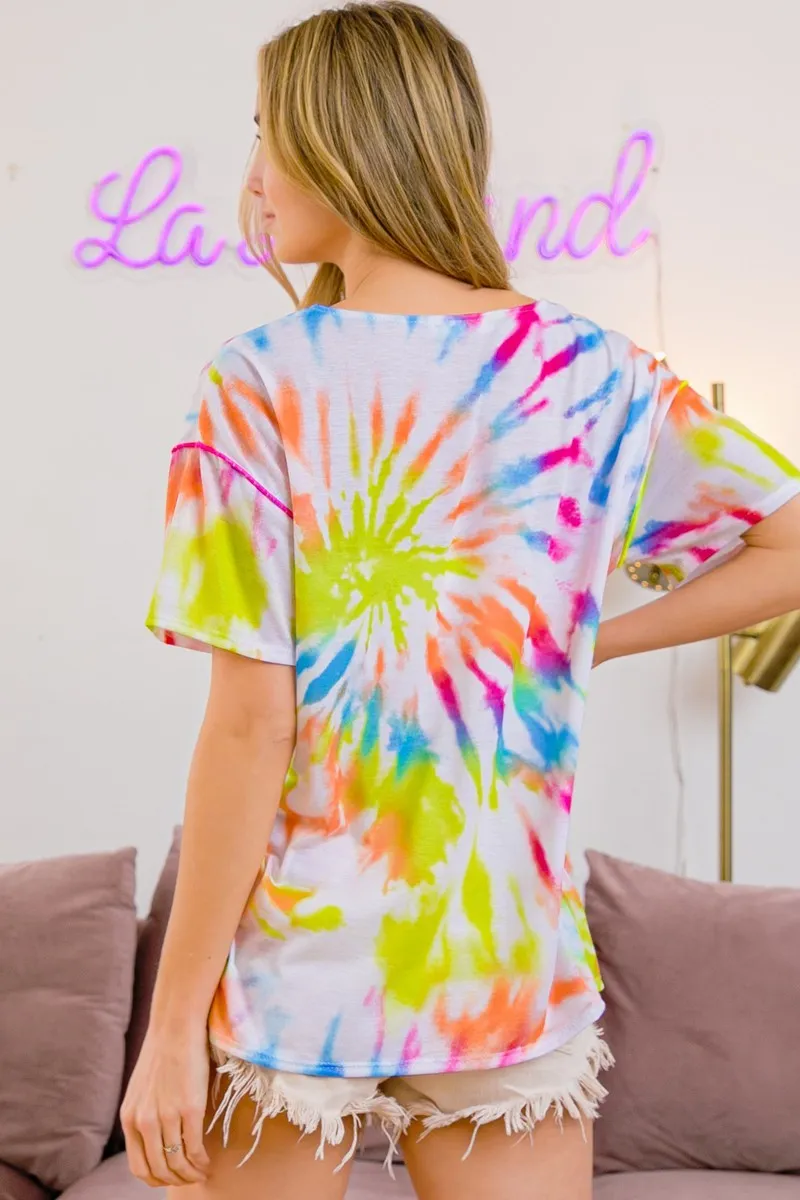 BiBi Tie Dye Print Jersey Stitched V Neck Top - Image 8