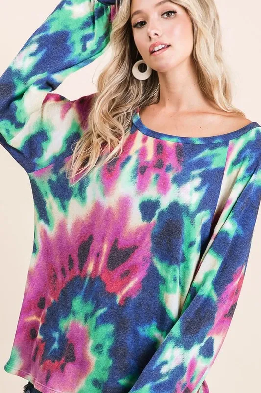 BiBi Tie Dye Print Terry Top with Puff Sleeves - Image 2