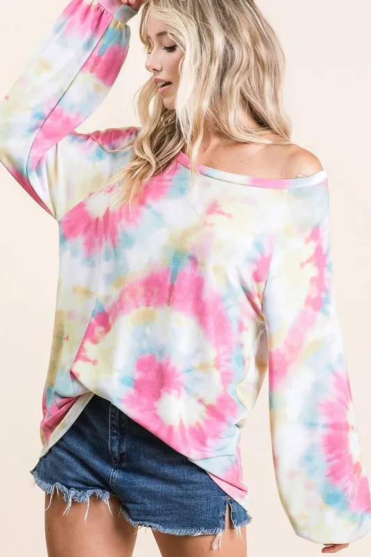 BiBi Tie Dye Print Terry Top With Puff Sleeves - Image 5
