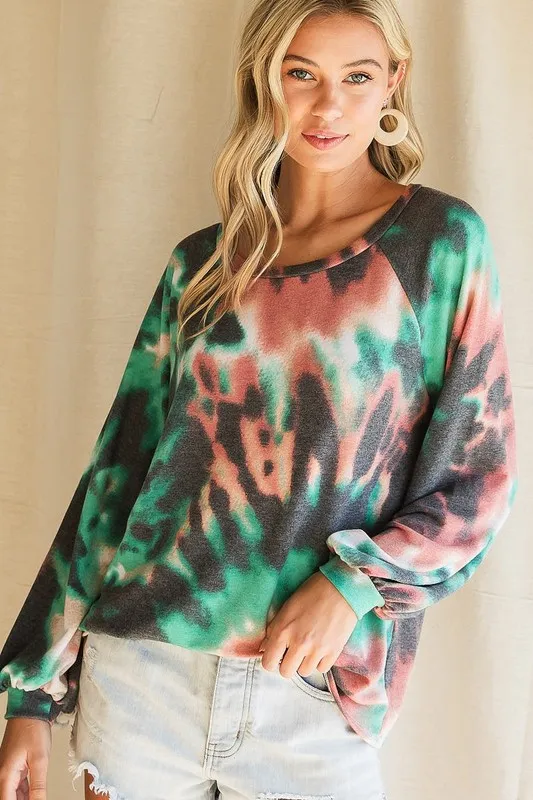 BiBi Tie Dye Print Terry Top with Puff Sleeves - Image 3