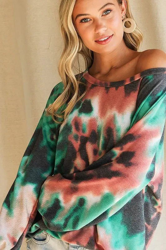 BiBi Tie Dye Print Terry Top with Puff Sleeves - Image 4