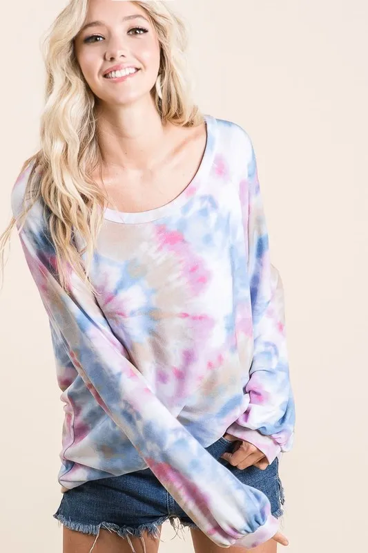 BiBi Tie Dye Print Terry Top With Puff Sleeves - Image 3