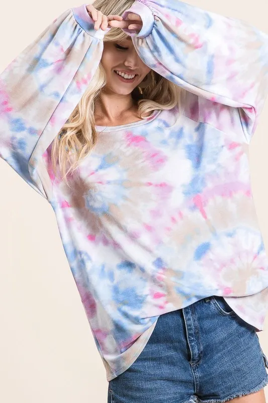 BiBi Tie Dye Print Terry Top With Puff Sleeves - Image 5