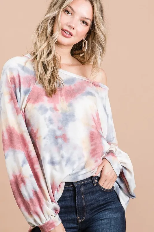 BiBi Tie Dye Print Terry Top With Puff Sleeves - Image 4