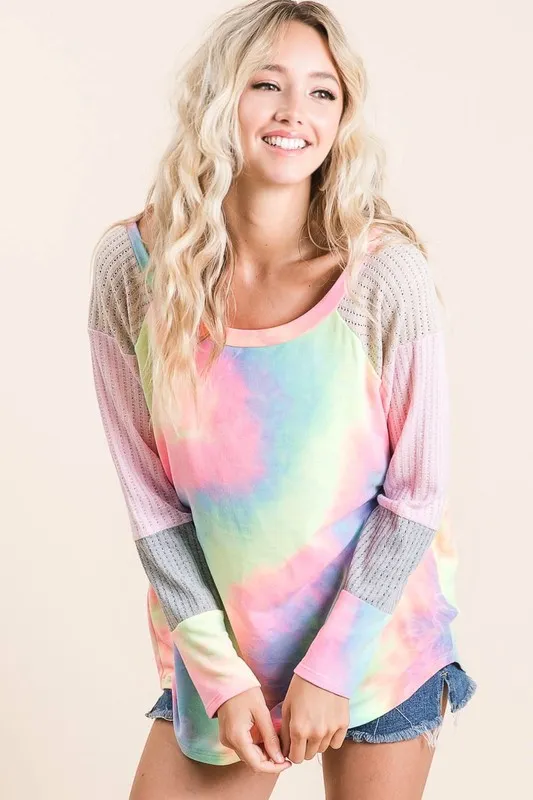 BiBi Tie Dye Terry Top with Color Block Pointelle Knit - Image 2