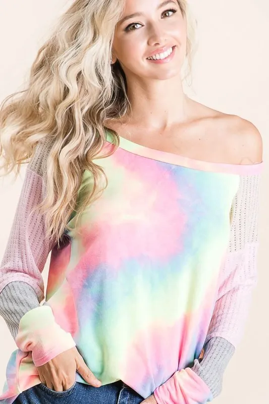 BiBi Tie Dye Terry Top with Color Block Pointelle Knit - Image 4