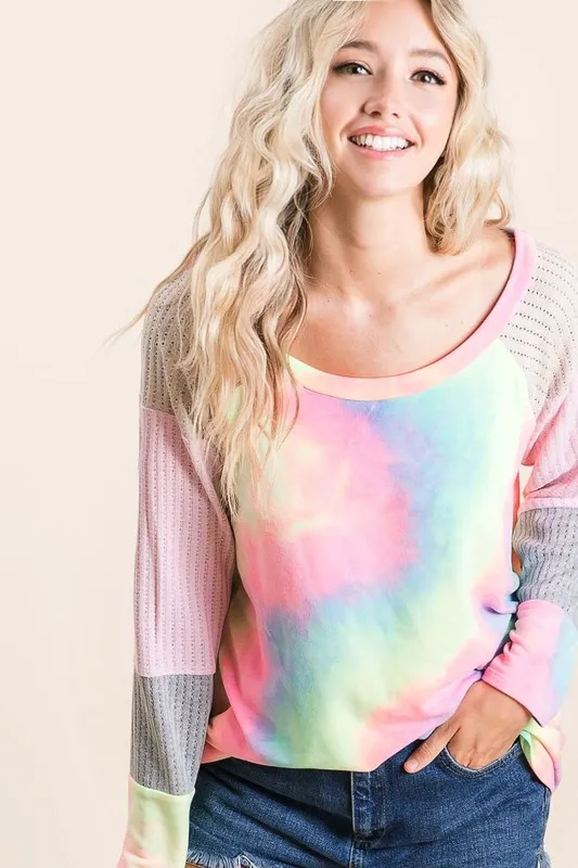 BiBi Tie Dye Terry Top with Color Block Pointelle Knit - Image 5