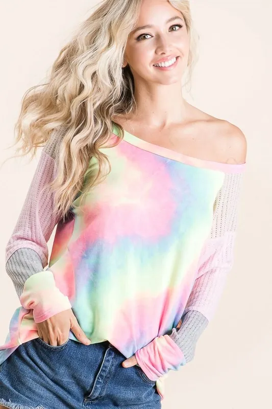 BiBi Tie Dye Terry Top with Color Block Pointelle Knit - Image 6