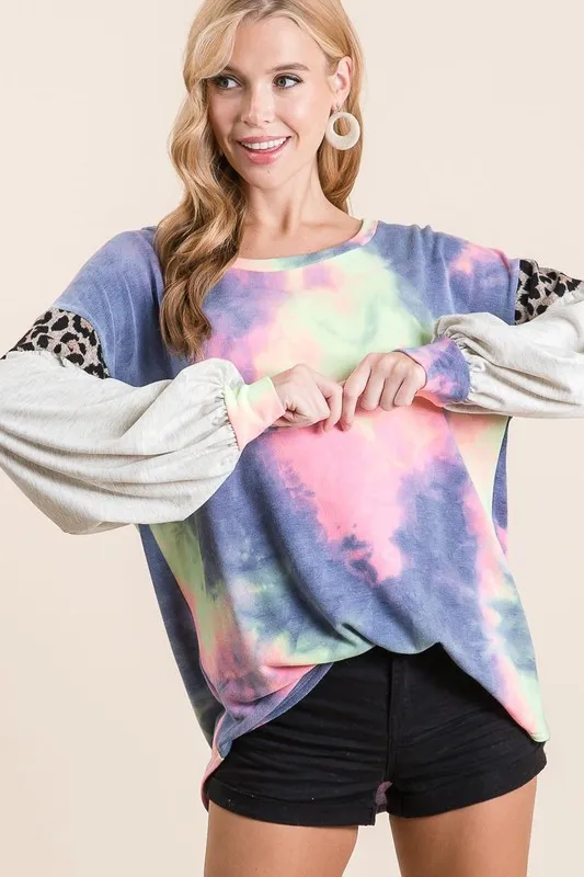 BiBi Tie Dye Terry Top with Contrast Puff Sleeves - Image 4