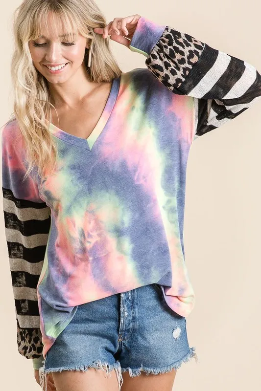 BiBi Tie Dye V Neck Top with Stripe Puff Sleeves - Image 3