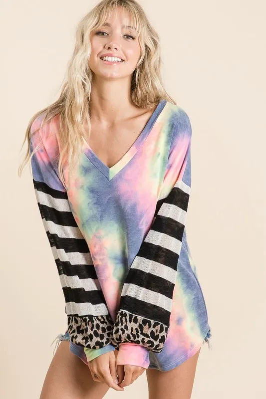 BiBi Tie Dye V Neck Top with Stripe Puff Sleeves - Image 4