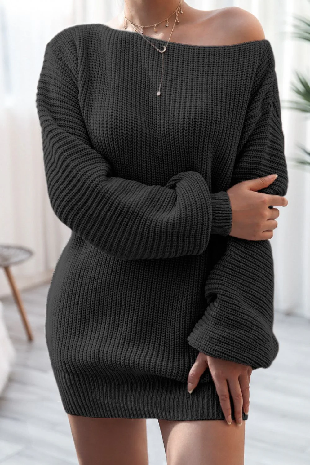 Boat Neck Long Sleeve Mini Sweater Dress - Image 10